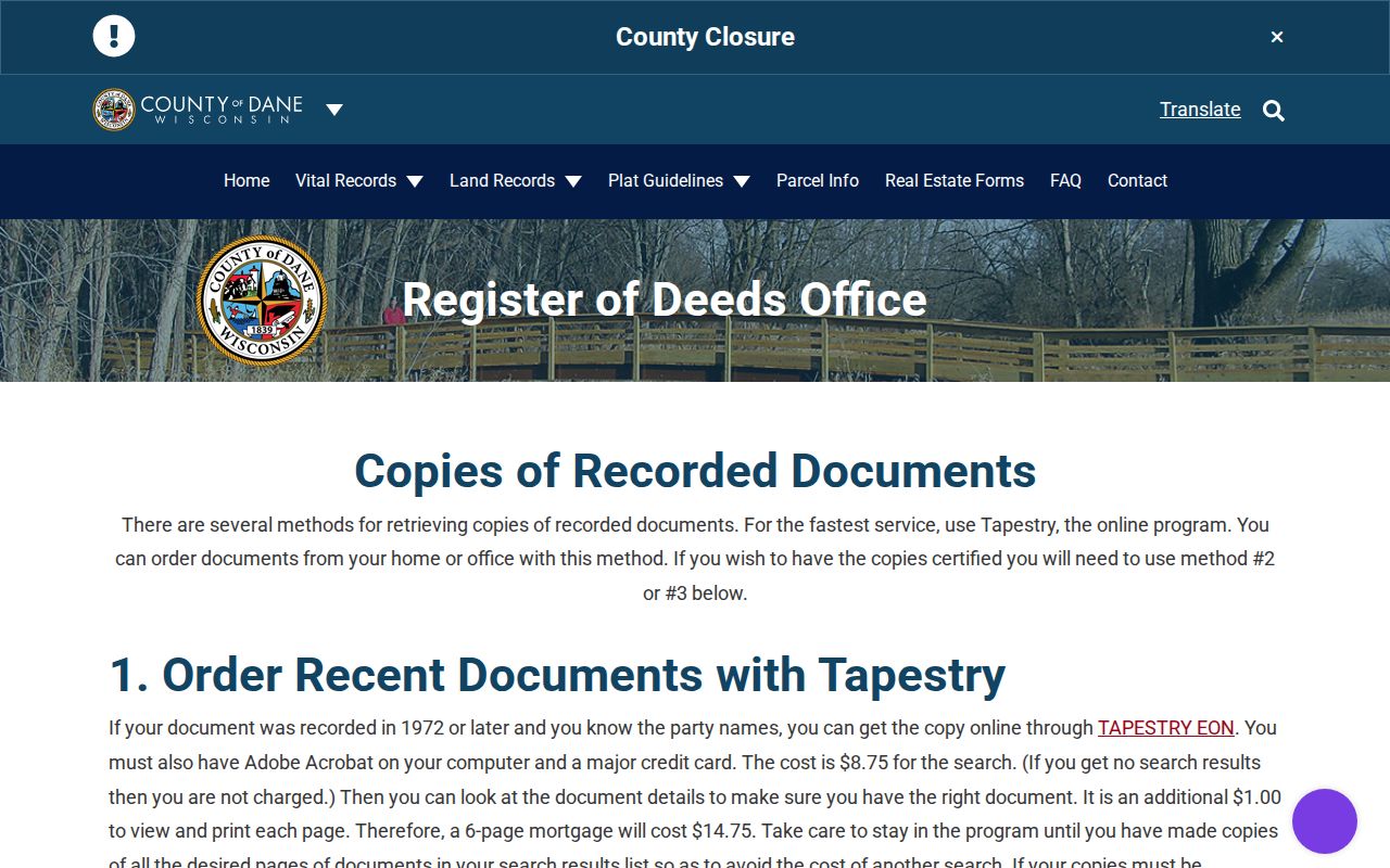 Dane County deed copy search instructions and fee options