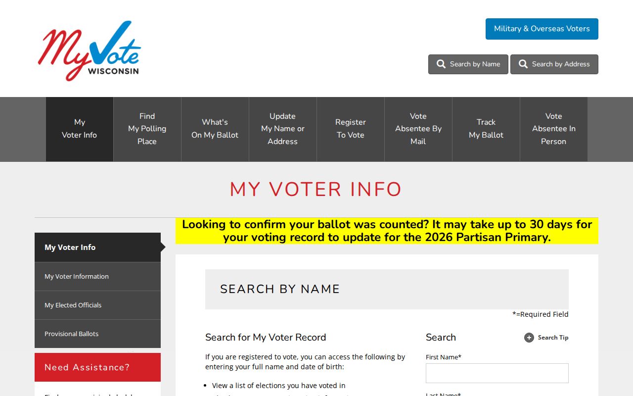 Wisconsin MyVote form requiring a resident name and date of birth