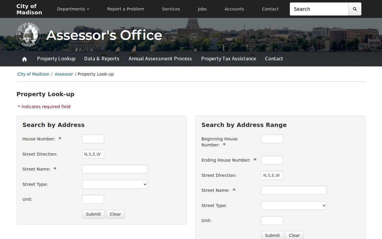 City of Madison Assessor property search choices for address, range, owner, and parcel